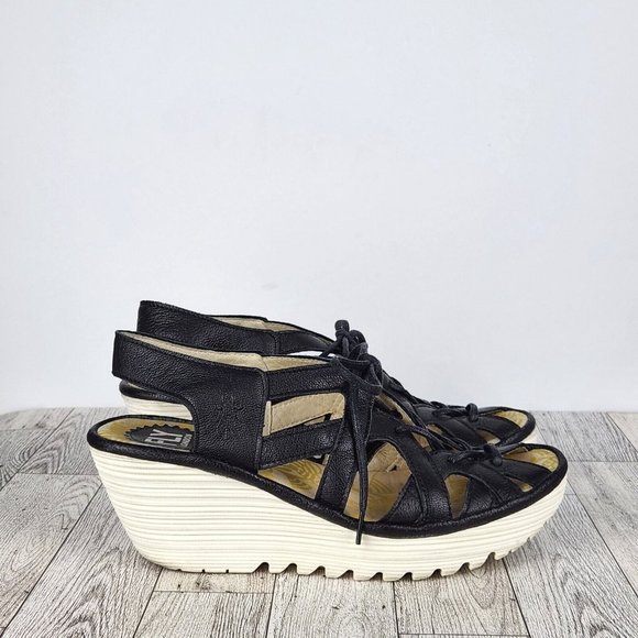 Fly London Shoes - Fly London Women's Wedge Sandals Black/White Size US 6.5-7 EU 37 Strappy Lace-Up